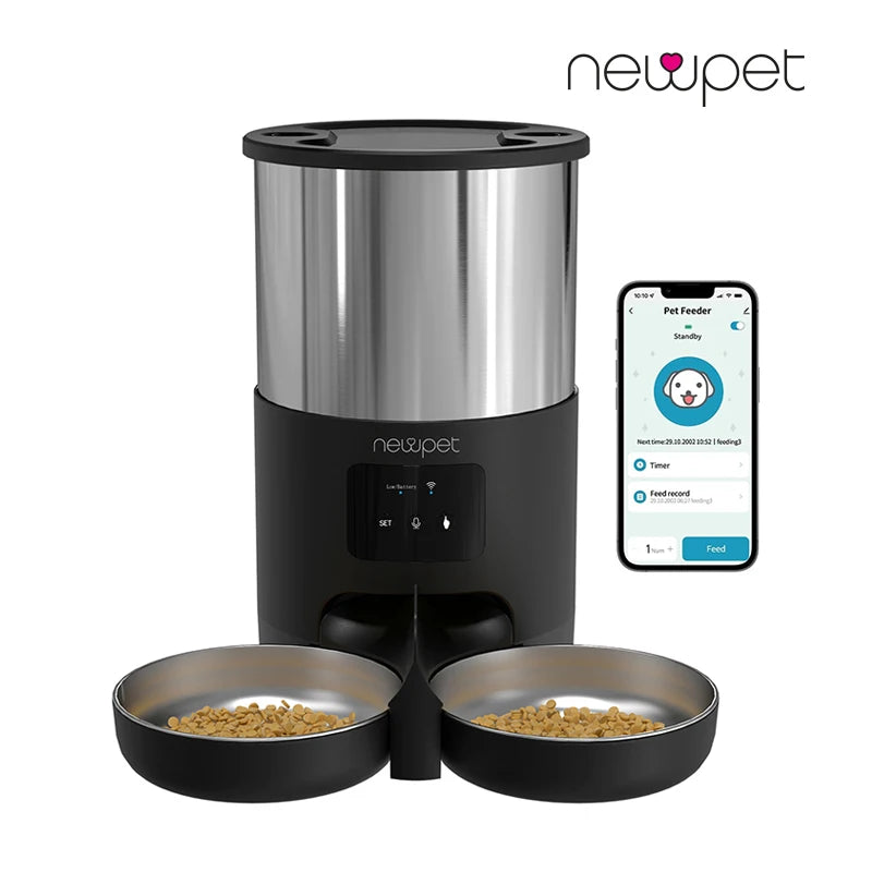 Newpet WiFi Alimentadores Automáticos para Gatos para 2 Gatos Distribuidor de alimentos para gatos de 4 litros com controle de APP Alarmes de baixo nível de comida em tigelas duplas de aço inoxidável